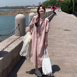 小清新刺繡蕾絲罩衫疊穿粉色連衣裙女夏法式甜美長裙圖片