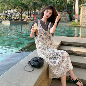度假风灰色T恤连衣裙套装女2025夏季新款慵懒蕾丝罩衫绝美两件套图片