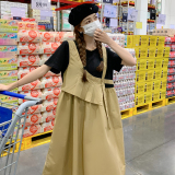 设计感假两件撞色连衣裙女2024夏季新款收腰显瘦学院风中长背带裙，女装连衣裙，浙宝271