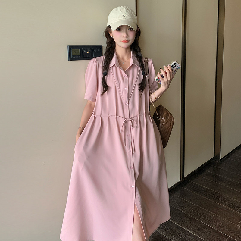 宽松慵懒风粉色衬衫连衣裙女夏2025新小众设计感气质减龄休闲长裙,女装连衣裙,浙宝271