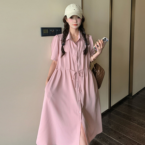 宽松慵懒风粉色衬衫连衣裙女夏2025新小众设计感气质减龄休闲长裙图片