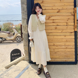 温柔风白色连衣裙马甲两件套女2025春秋季新款甜美显瘦长裙子套装，女装连衣裙，浙宝271
