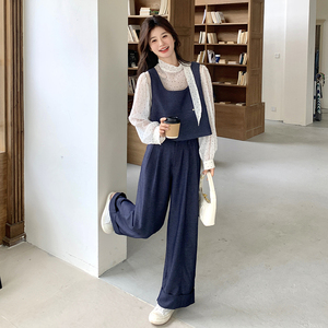 2025春季新款韩系波点衬衣马甲搭阔腿裤套装女时尚洋气减龄三件套,女装套装/套裙,浙宝271