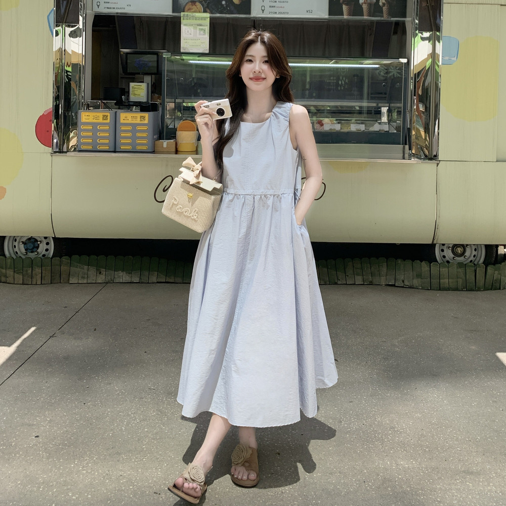 法式简约背心连衣裙女2025年夏季新款休闲显瘦气质抽绳系带长裙潮,女装连衣裙,浙宝271
