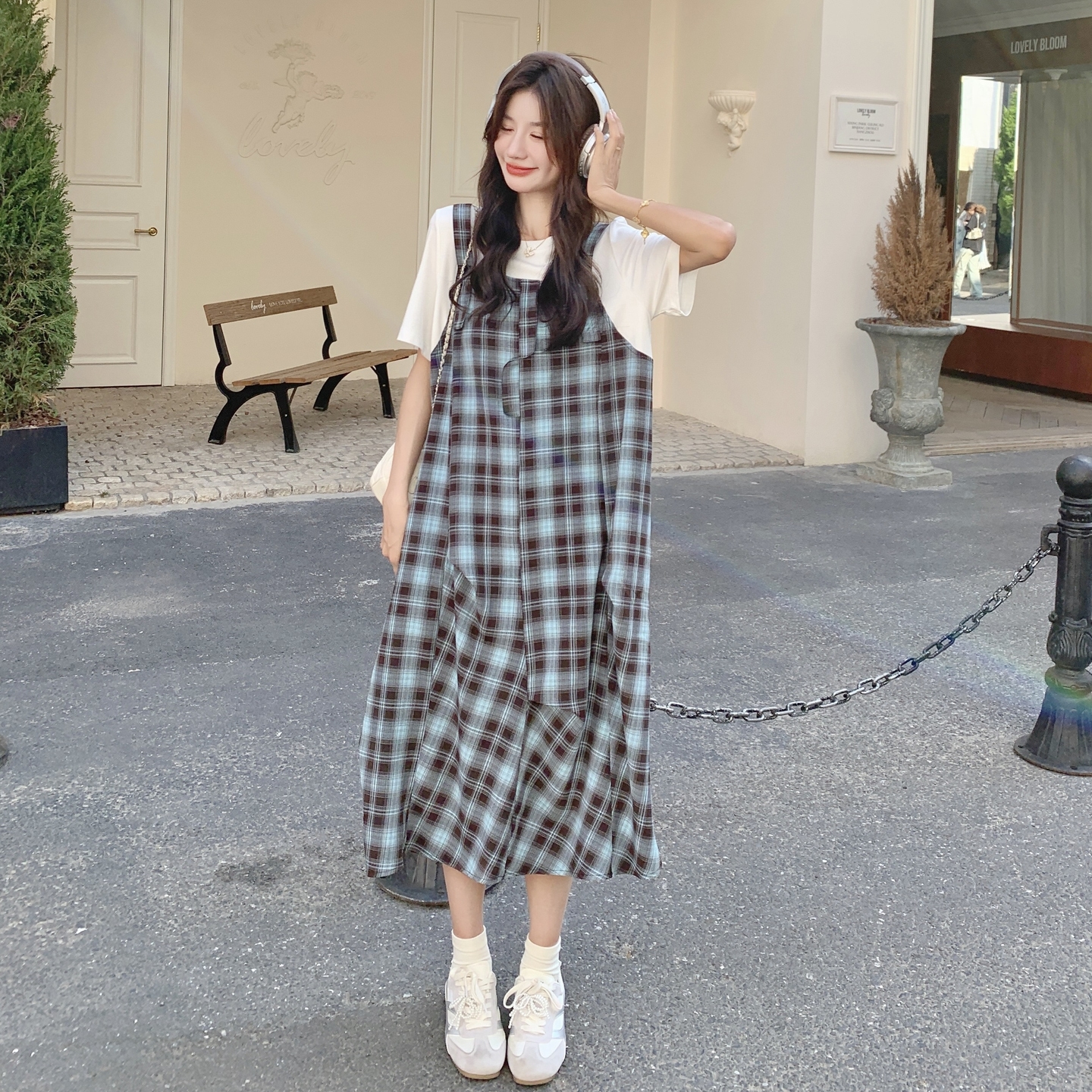 甜酷风假两件拼接格子连衣裙女2025夏新款韩系宽松减龄小个子裙子，女装连衣裙，浙宝271