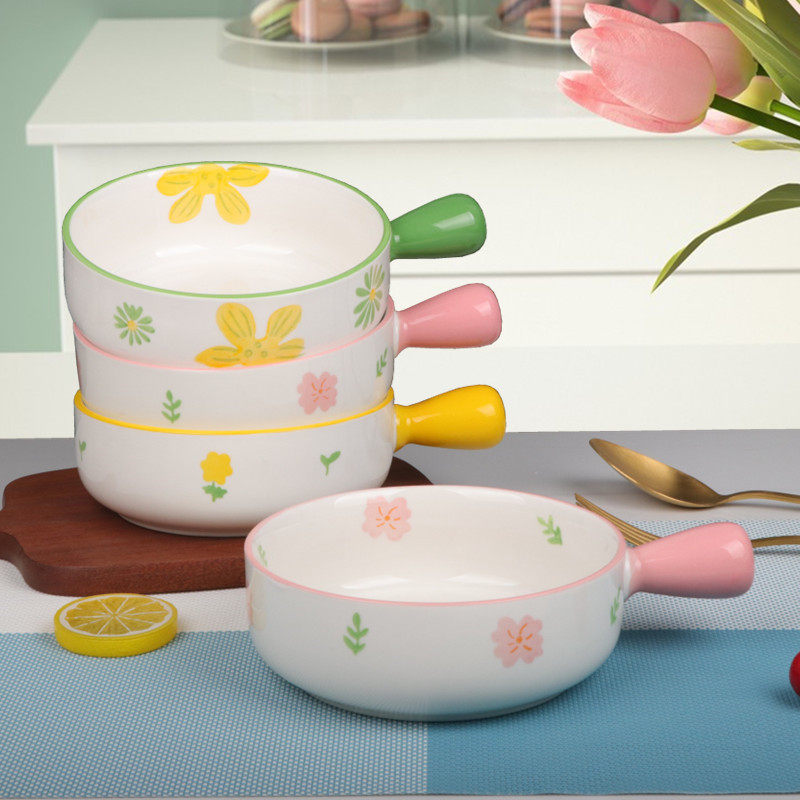 时尚陶瓷单柄碗水果焗饭碗烤箱碗微波炉面碗冰箱保鲜碗手柄沙拉碗