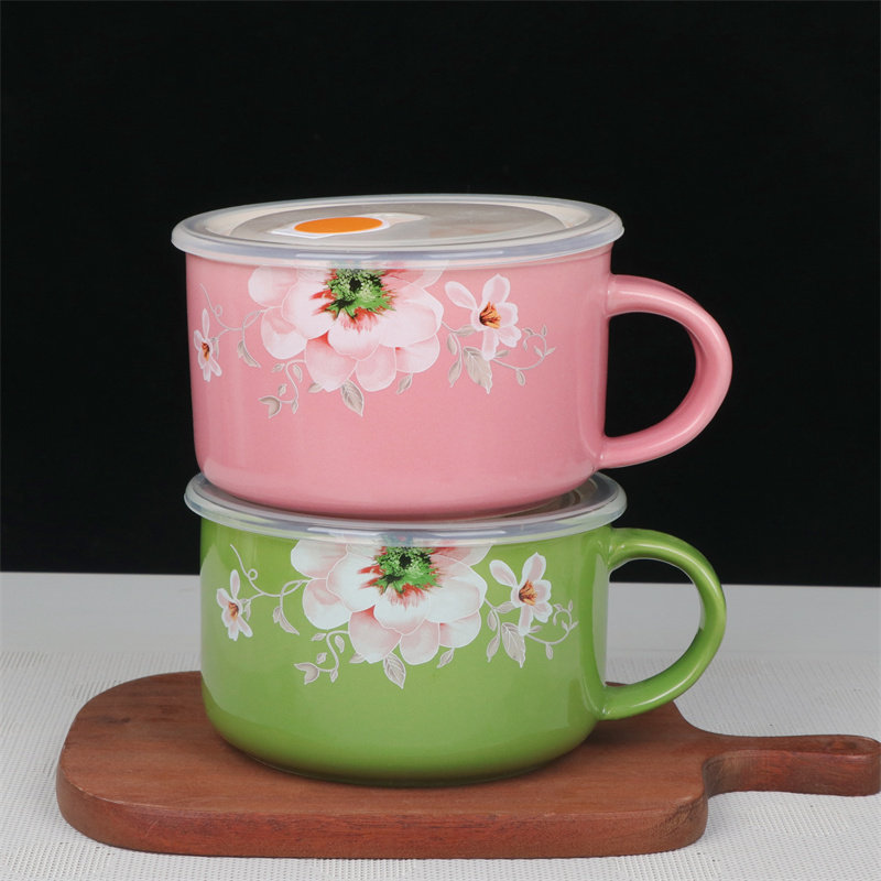 雅泰新款雪花陶瓷保鲜杯保鲜盒陶瓷杯泡面碗奶杯早餐杯带把陶瓷碗