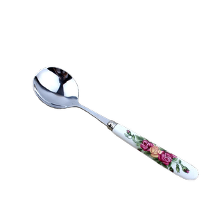 兴跃红玫瑰陶瓷柄不锈钢勺子调羹小勺汤勺西餐刀叉水果叉咖啡小勺