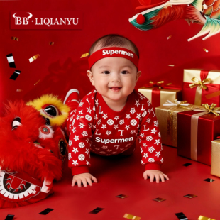 婴儿连体衣拜年服红色纯棉薄款哈衣初生宝宝春秋过年喜庆新年服萌