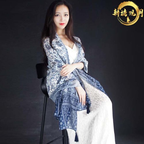 围巾女文艺民族风棉麻青花瓷披肩夏季旅游度假超大防晒披肩沙滩巾