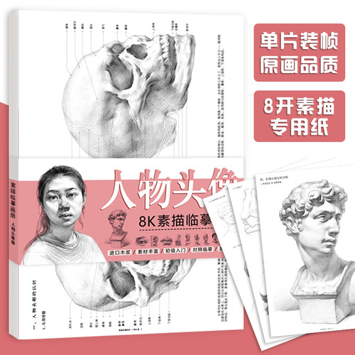 素描人物头像临摹卡 8开素描临摹画册 单张活页素描纸32张 学生素描头像五官解析 素描基础教程入门 美术中考高考教材书籍