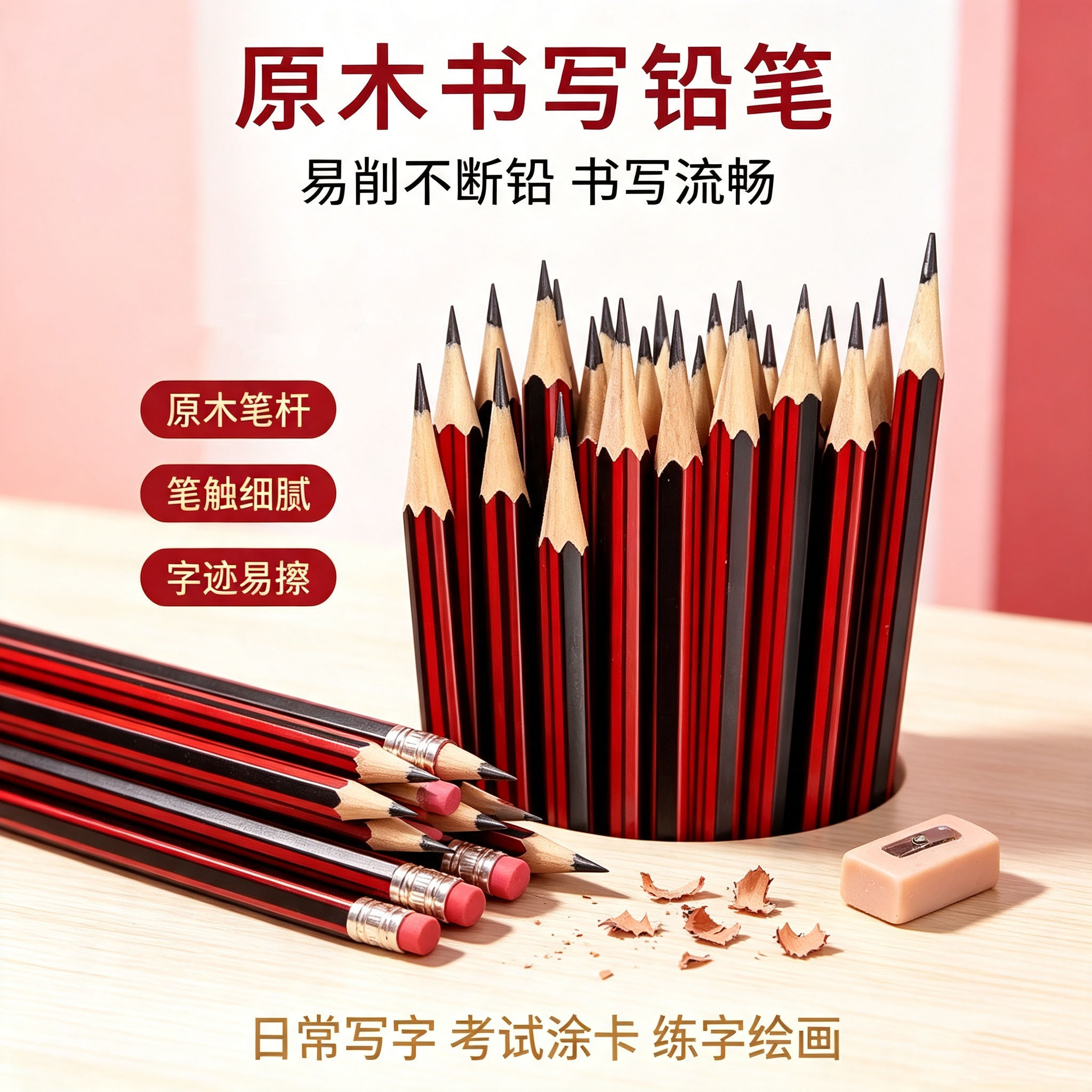 红黑木质铅笔多支装学习用品书写笔学生常备笔便携收纳学习文具