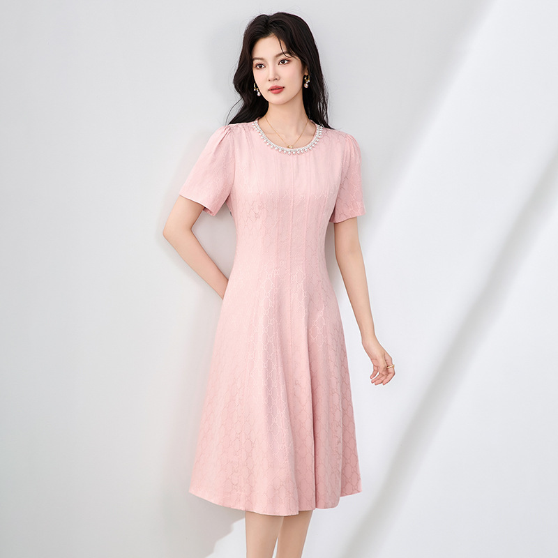 2025夏新款高级感重工钉珠提花连衣裙女收腰显瘦气质小礼服中长裙