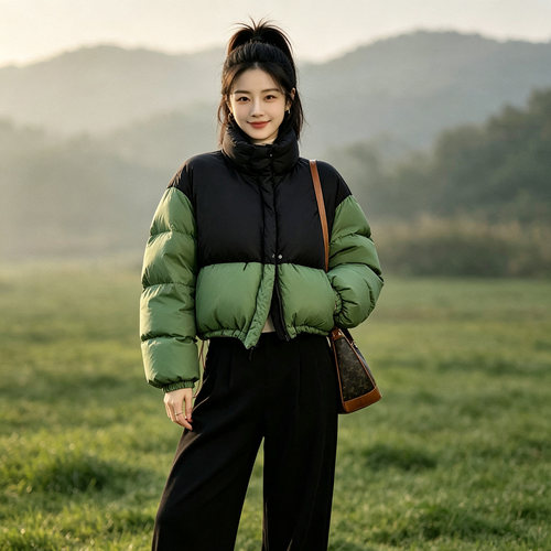 诗都奇短款撞色95鹅绒羽绒服女