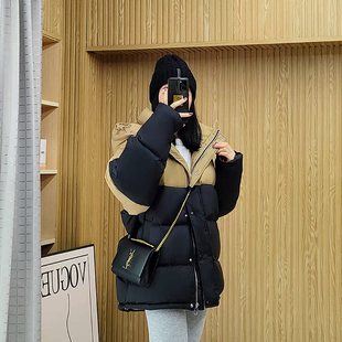 诗都奇2025新款 加厚连帽男女情侣拼色外套 95白鹅绒羽绒服女中长款