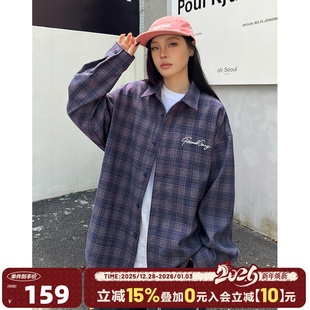 404MOB磨毛刺绣字母格纹衬衫 学院风抗皱垂顺百搭外套 男女街头美式