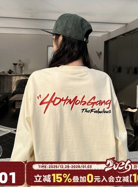 404MOB艺术花体签印花打底上衣男美式嘻哈潮流重磅圆领长袖T恤女