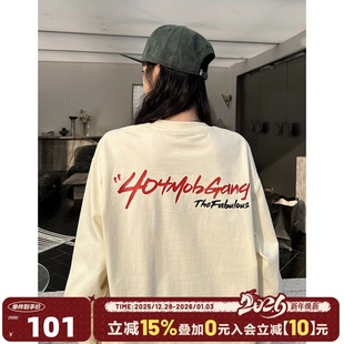 404MOB艺术花体签印花打底上衣男美式 T恤女 嘻哈潮流重磅圆领长袖