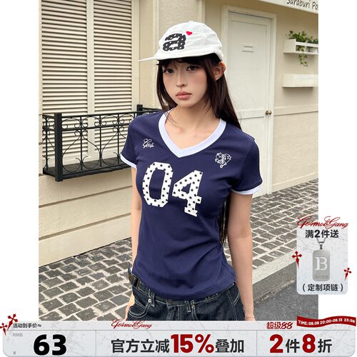 404MOB哈苏线数字印花拼接短袖T恤女夏季新款V领修身球衣球服上衣