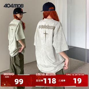 复古刺绣重磅潮牌宽松麂皮绒半袖 美式 体恤 t恤男夏新款 404MOB短袖