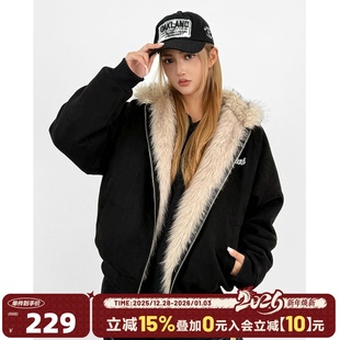 404MOB仿兔毛重磅云朵绒山雕棉服男秋冬加绒加厚刺绣连帽麂皮外套