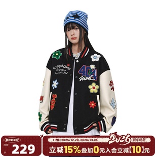 404MOB全幅重工花卉刺绣美式 棒球服外套男女潮牌廓形宽松情侣夹克