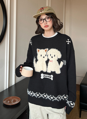 [廖俊涛同款]404MOB秋冬厚款提花趣味小狗毛衣男美式圆领针织衫
