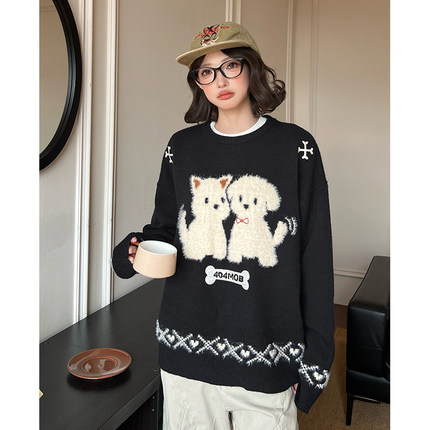 [廖俊涛同款]404MOB秋冬厚款提花趣味小狗毛衣男美式圆领针织衫