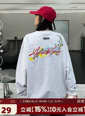 [章若楠同款]404MOB花卉刺绣长袖T恤男女美式宽松防晒圆领打底衫