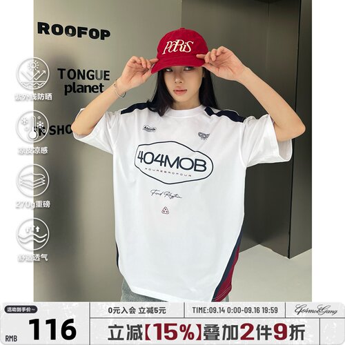 404MOB夏季凉感拼接运动t恤男新款短袖赛车风美式撞色防晒上衣女