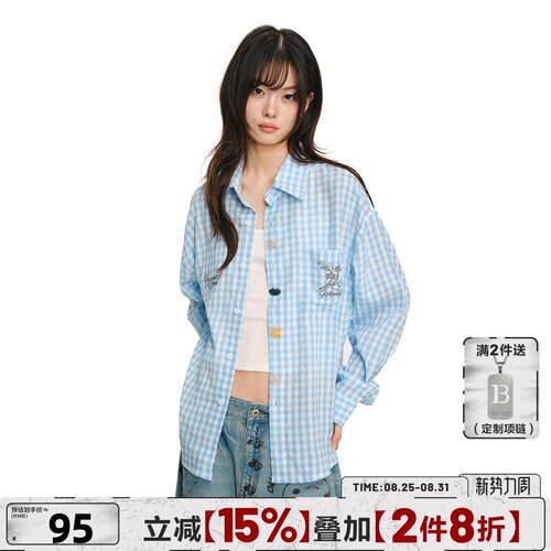 404MOB蓝色褶皱刺绣复古格纹长袖衬衫男薄款ins简约宽松潮流衬衣