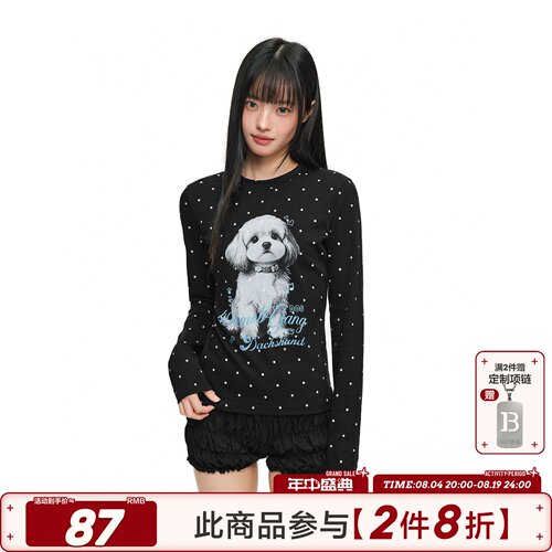 404MOB美式满印波点小狗针织长袖T恤秋季短款修身显瘦辣妹上衣女