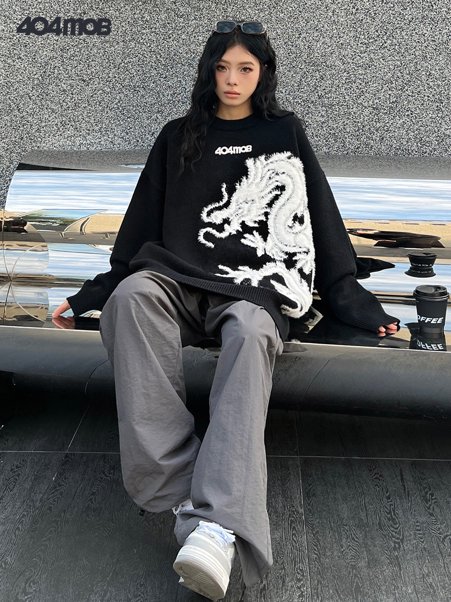 404MOB 남성용 미국 부르고뉴 자카드 자수 스웨터 두꺼운 내부 스웨터 2024 용 조디악 년 의류