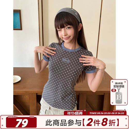 404MOB波点满印立体字母刺绣拼接短袖T恤女修身显瘦辣妹短款上衣