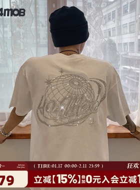 404MOB超火烫钻短袖T恤男女个性潮流宽松纯棉半袖上衣oversize潮