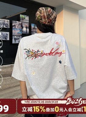 [徐艺洋同款]404MOB手写花卉刺绣短袖T恤男女款美式宽松凉感防晒t