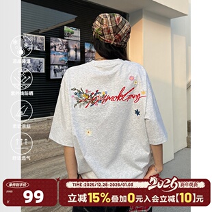 美式 T恤男女款 404MOB手写花卉刺绣短袖 宽松凉感防晒t 徐艺洋同款