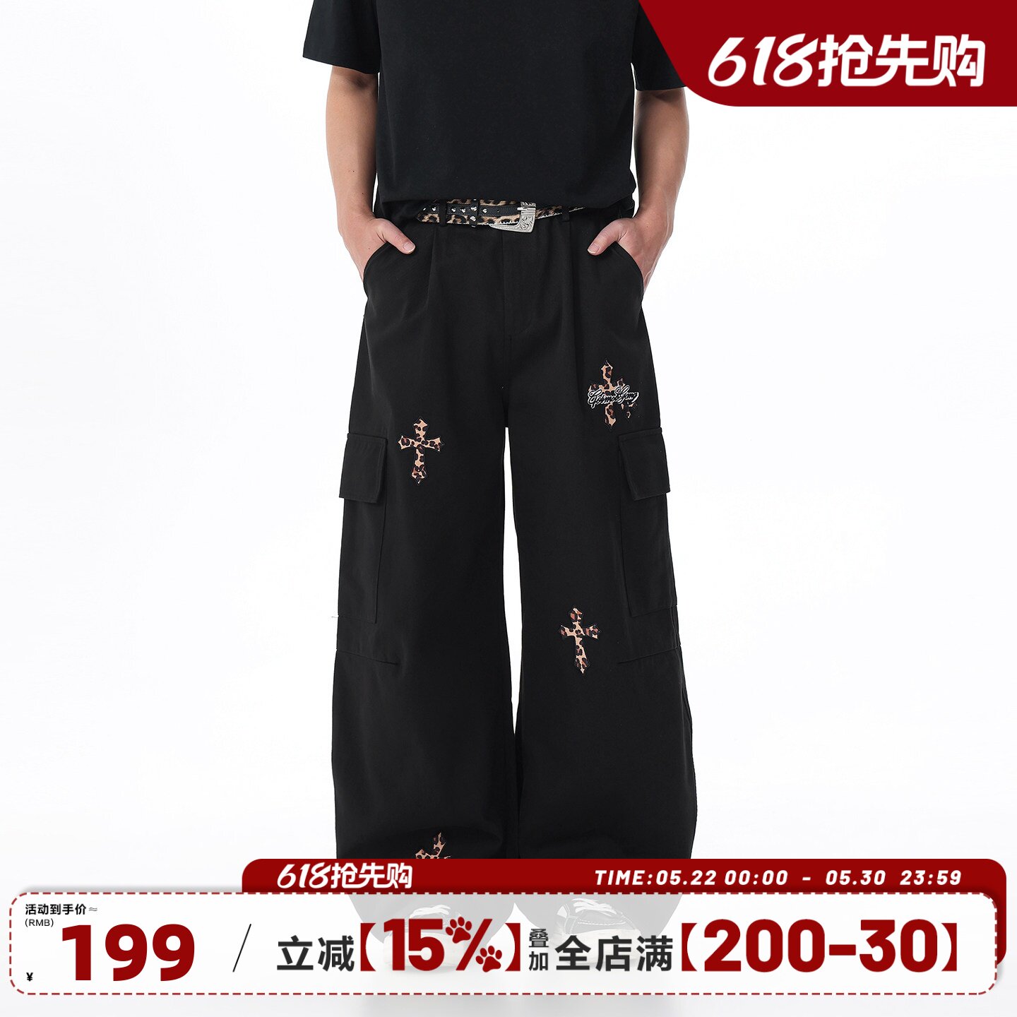 404MOB美式复古十字架豹纹贴布刺绣工装裤男女新款宽松阔腿裤子潮
