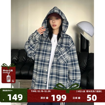 [林子烨同款]404MOB复古格纹刺绣连帽长袖衬衫蓝色格子宽松外套女