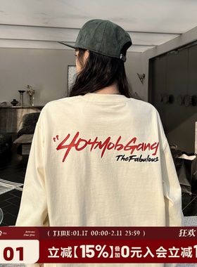 404MOB艺术花体签印花打底上衣男美式嘻哈潮流重磅圆领长袖T恤女