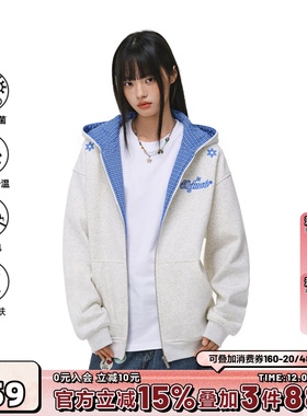 404MOB格纹撞色加绒加厚连帽卫衣男女秋冬季情侣开衫外套miu上衣