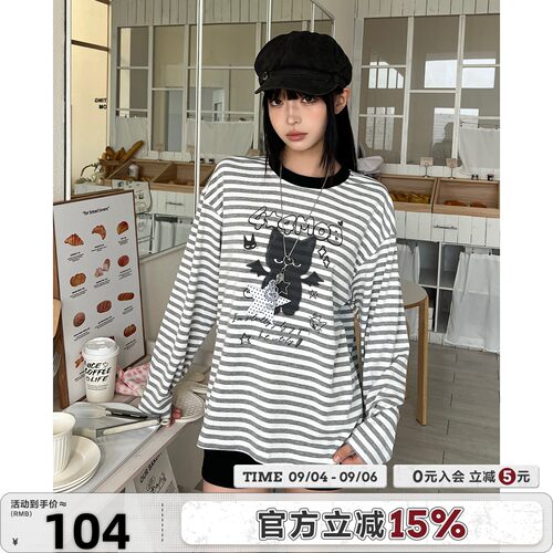 404MOB恶魔猫咪印花条纹长袖T恤女轻亚风小众复古灰调宽松打底衫