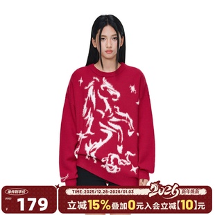 404MOB马年2026新年红色抗起球提花软糯圆领保暖厚毛衣针织衫 外套