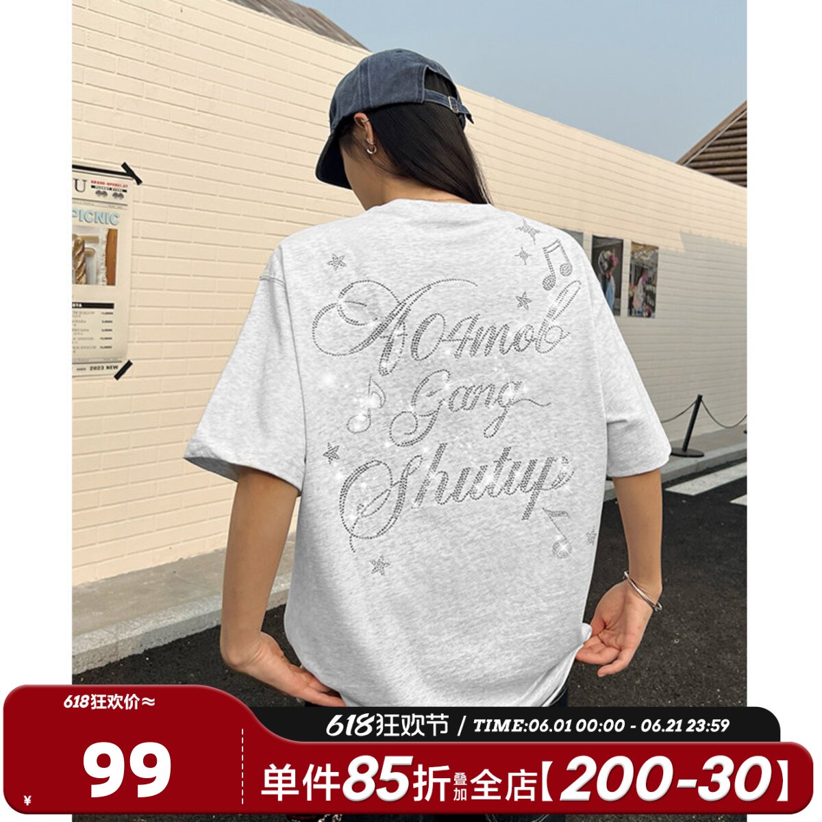 404MOB超火烫钻水钻LOGO情侣落肩体恤上衣ins潮流宽松短袖T恤男女