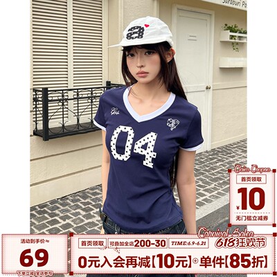 404MOB哈苏线数字印花拼接短袖T恤女夏季新款V领修身球衣球服上衣