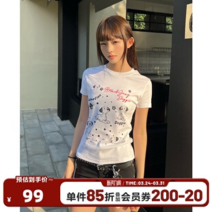 正肩Y2K短袖 辣妹T恤女街头复古修身 潮 小狗印花显瘦短款 404MOB美式