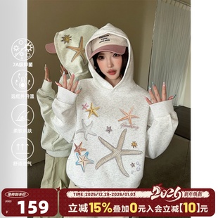 宽松女款 404MOB烫钻直喷海星短款 新品 连帽卫衣女2025秋季 外套 女装