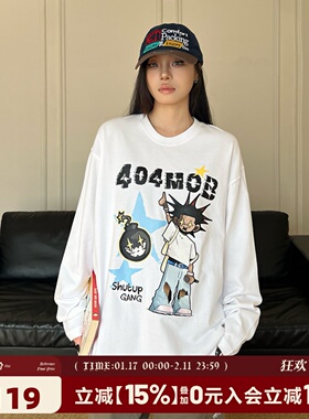 404MOB秋季长袖T恤男女款美式街头嘻哈潮牌宽松情侣打底体恤上衣