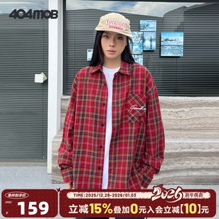 复古磨毛BF风设计感上衣潮 男美式 404MOB字母刺绣红色格子长袖 衬衫