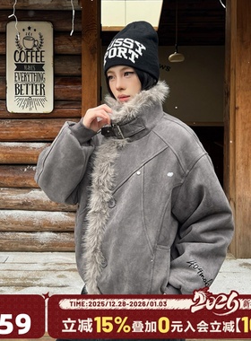 404MOB重磅保暖麂皮座山雕棉服外套秋冬保暖毛领棉袄情侣百搭棉衣